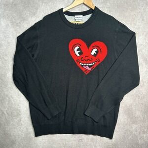 Keith Haring Red Heart Face Sweater Men Size L Black Pop Art Streetwear